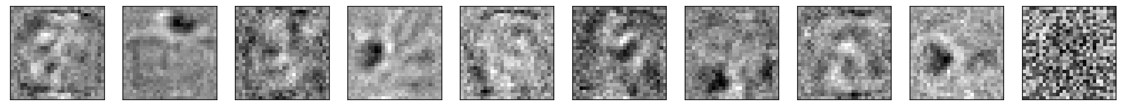 First-layer weight filters visualized as 28×28 images