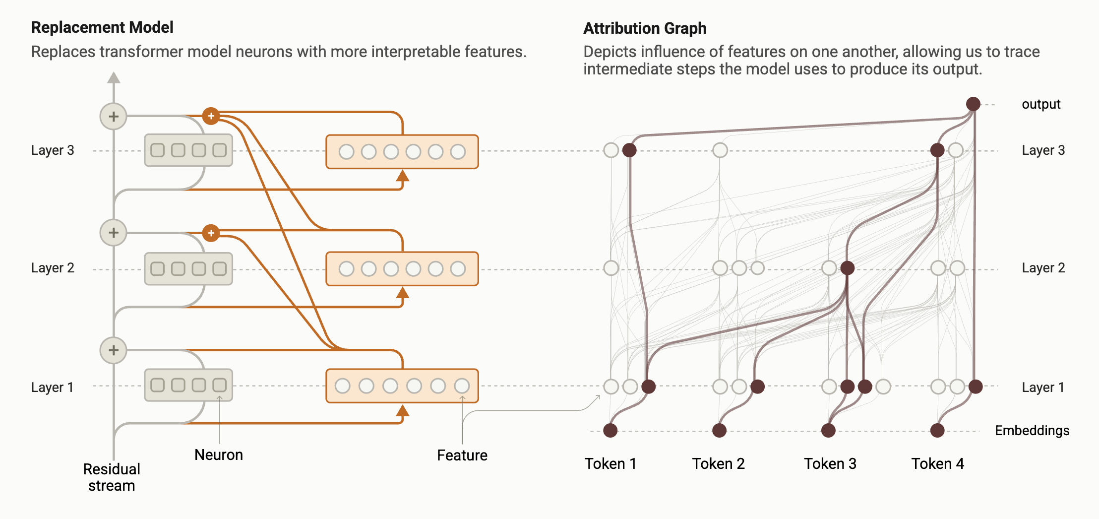 An attribution graph: features as nodes, direct effects as edges, for one prompt
