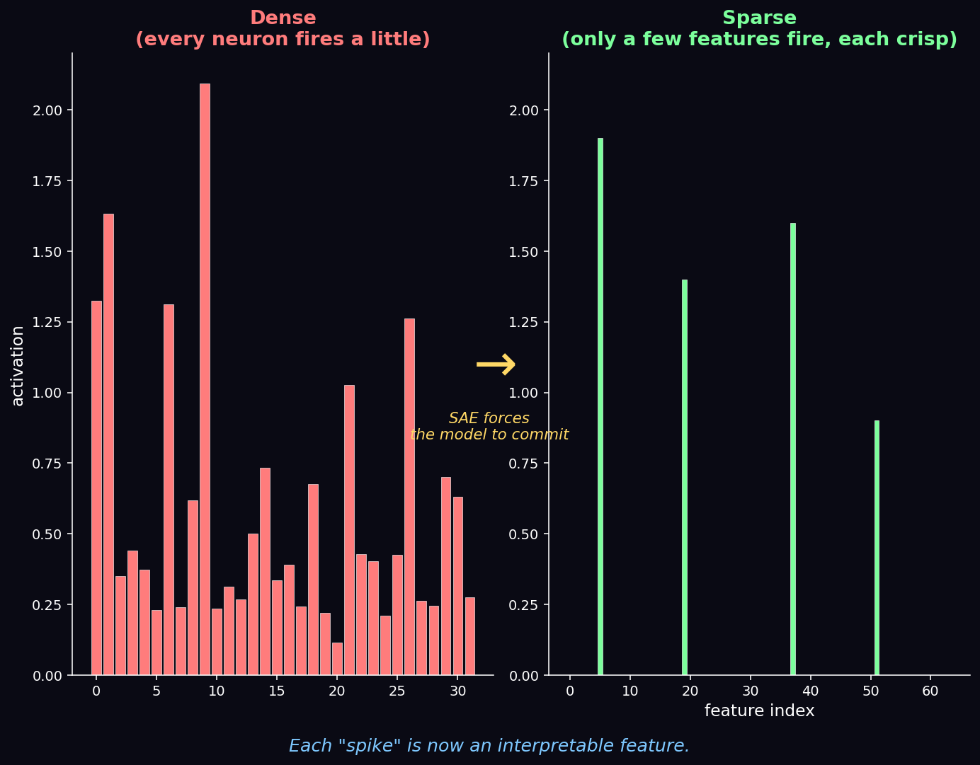 Dense vs. sparse activations — the SAE forces the model to commit